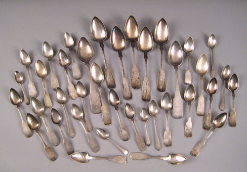 Thirty five coin silver spoons including six by Mannerback Reading