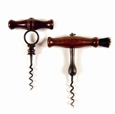 A notched grip straight pull corkscrew with a turned wood