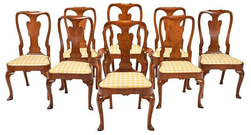 Eight Queen Anne Style Walnut Dining Chairs British or Continental