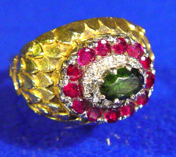 Gold diamond ruby and emerald ring