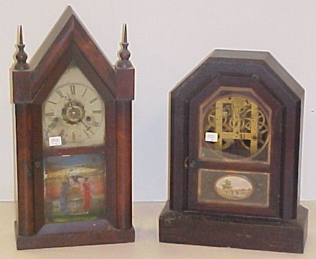 Two shelf clocks one gothic steeple clock made in New
