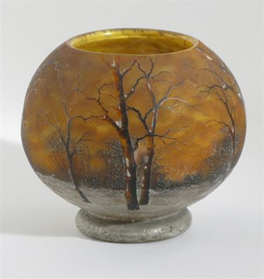 A good Daum winter landscape enamelled glass vase ovoid form