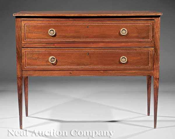 A Neoclassical Style Mahogany Inlaid Commode rectangular top over two