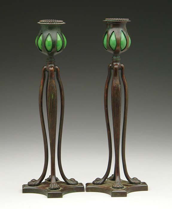 PAIR OF TIFFANY STUDIOS CANDLESTICKS Wonderful pair of bronze candlesticks