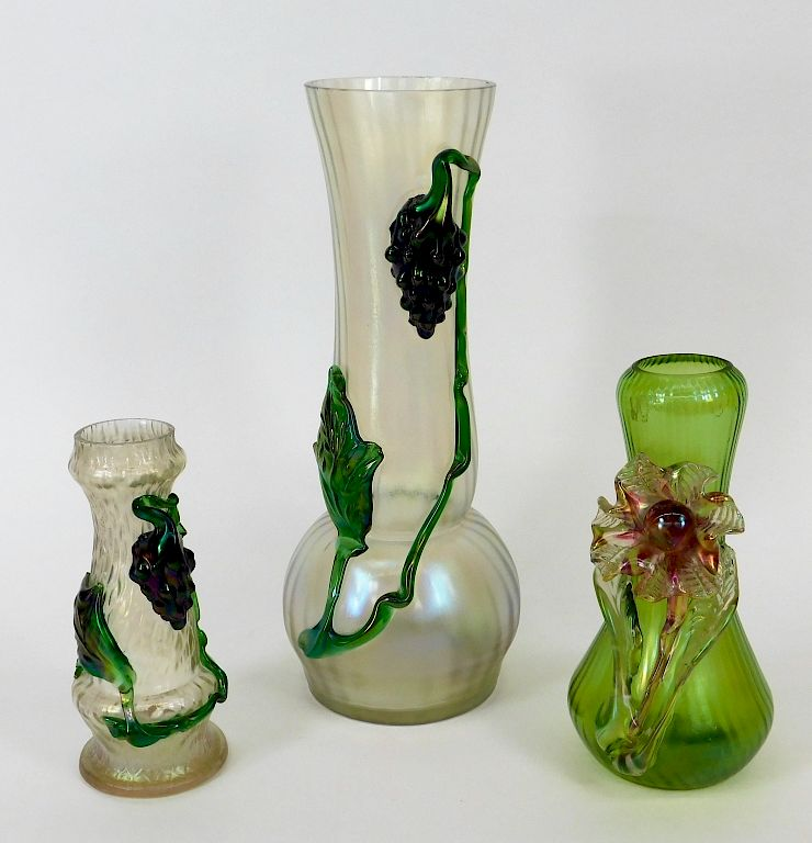 3 Kralik Applied Grape Flower Bohemian Glass Vases Bohemia 20th