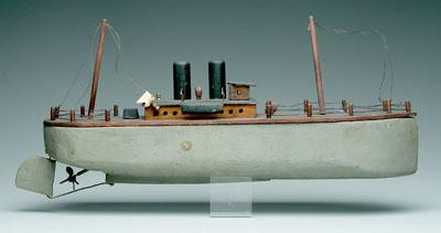Folk art steamship battery powered carved wood hull and planked