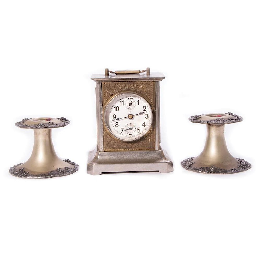 Desk clock and pair of candlesticks Late 19th century German