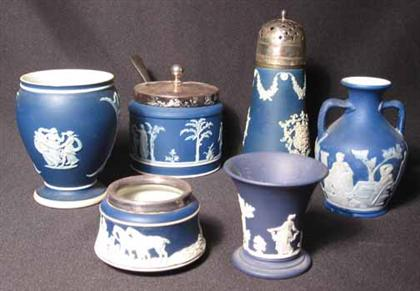 Six piece group of Wedgwood dark blue jasperware H of