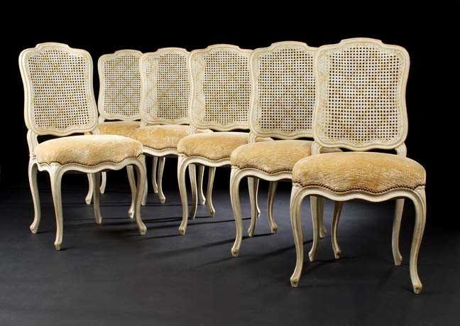 Set of Six Jean Mocque Paris Carved Beechwood and Cane