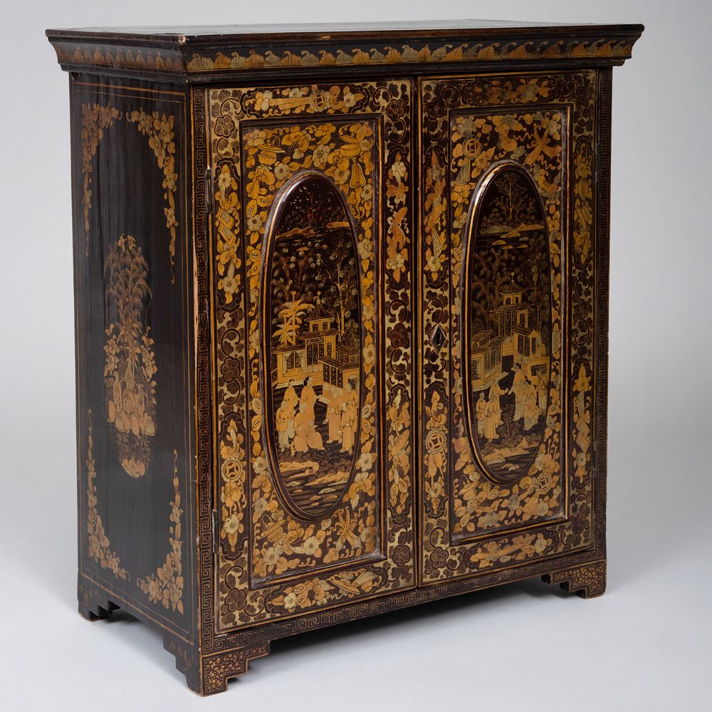 Chinese Export Black and Gilt Lacquer Table Cabinet With five