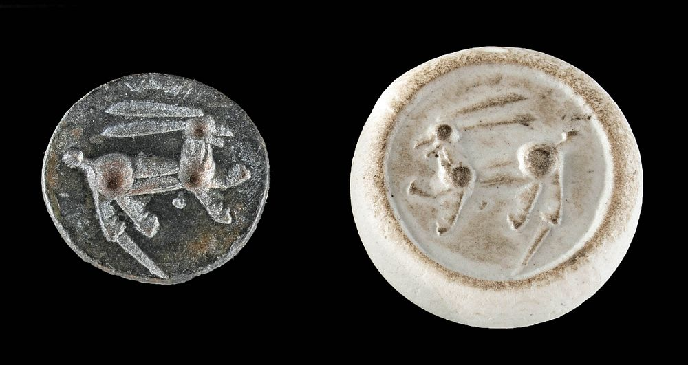 Ancient Syrian Leaded Bronze Stamp Seal Bead w Rabbit Ancient