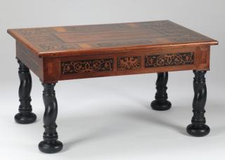 Marquety inlaid cocktail table 22 h Continental part ebonized walnut