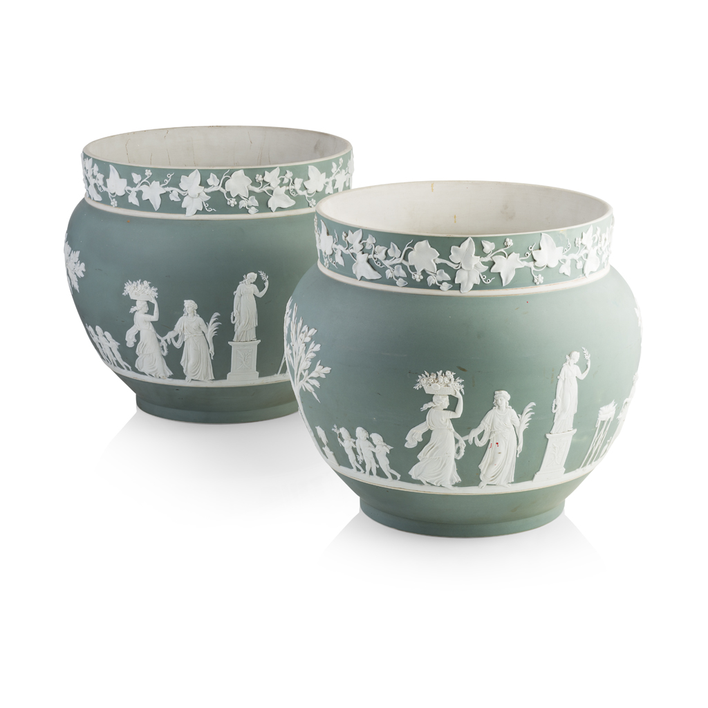 NEAR PAIR OF LARGE WEDGWOOD GREEN JASPERWARE JARDINIERES LATE 19TH