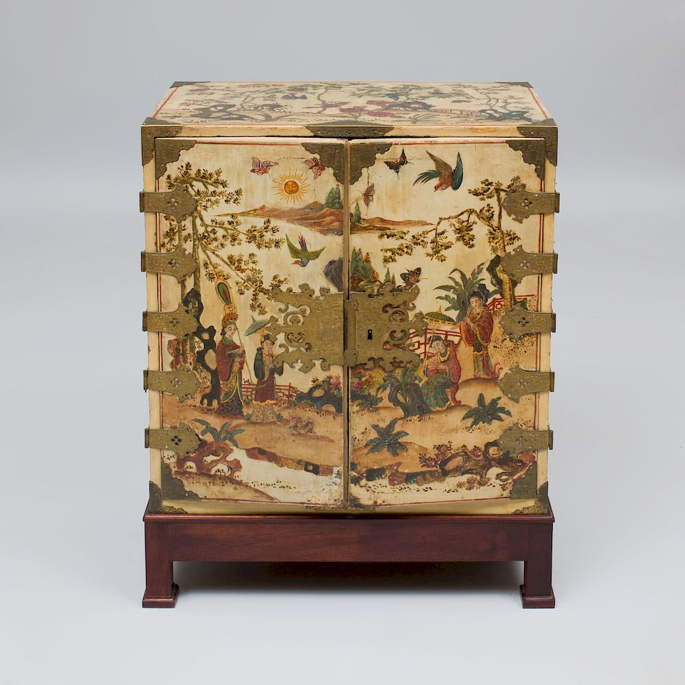 Chinese Brass Mounted White and Polychrome Lacquer Cabinet On a