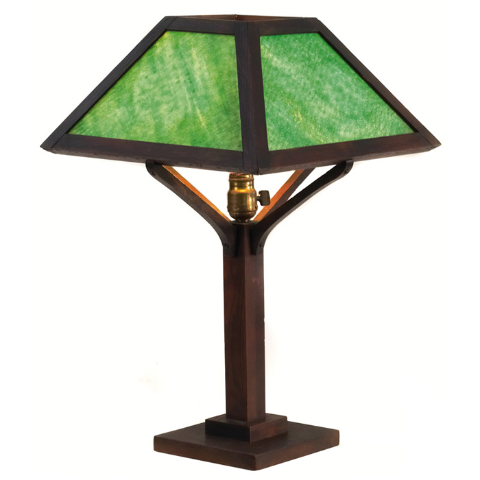 Arts Crafts table lamp pyramidal shade with green slag glass