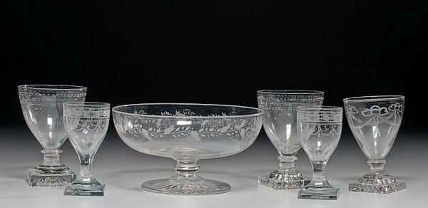 LOT OF EARLY BLOWN AND ENGRAVED GLASS American ca 1810