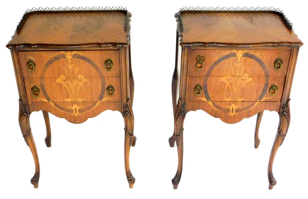 Pair of Continental two drawer stands with marquetry 20th C