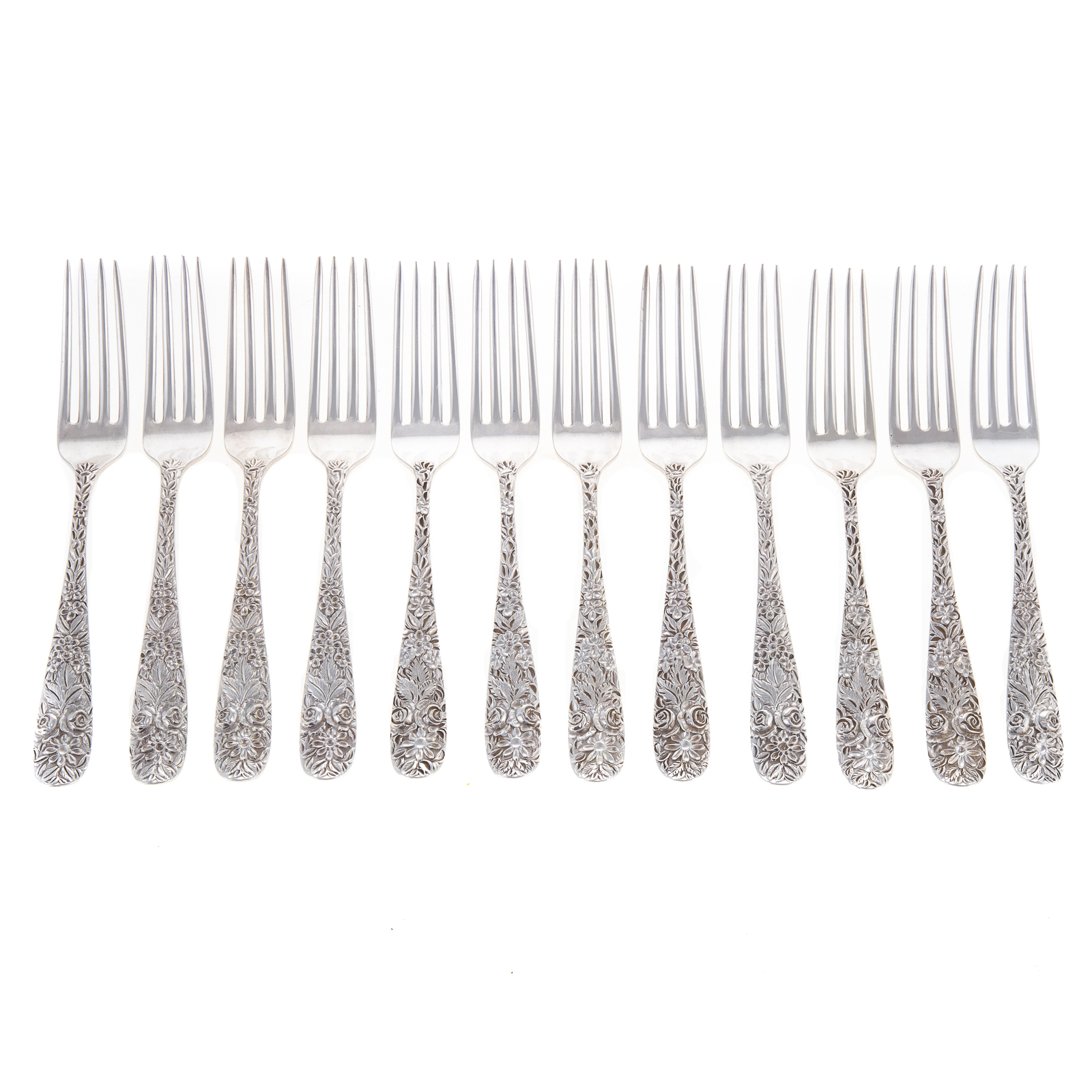 12 JAMES R ARMIGER STERLING REPOUSSE DINNER FORKS Baltimore 1892