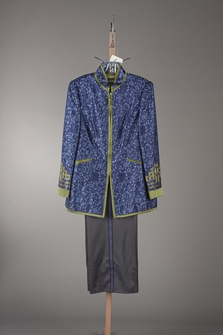 Rena Lange dark blue olive green silk blend slacks suit