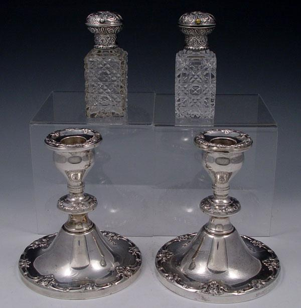 4 PIECE LONDON STERLING MOUNTED VINEGAR OIL PLUS CANDLESTICKS To