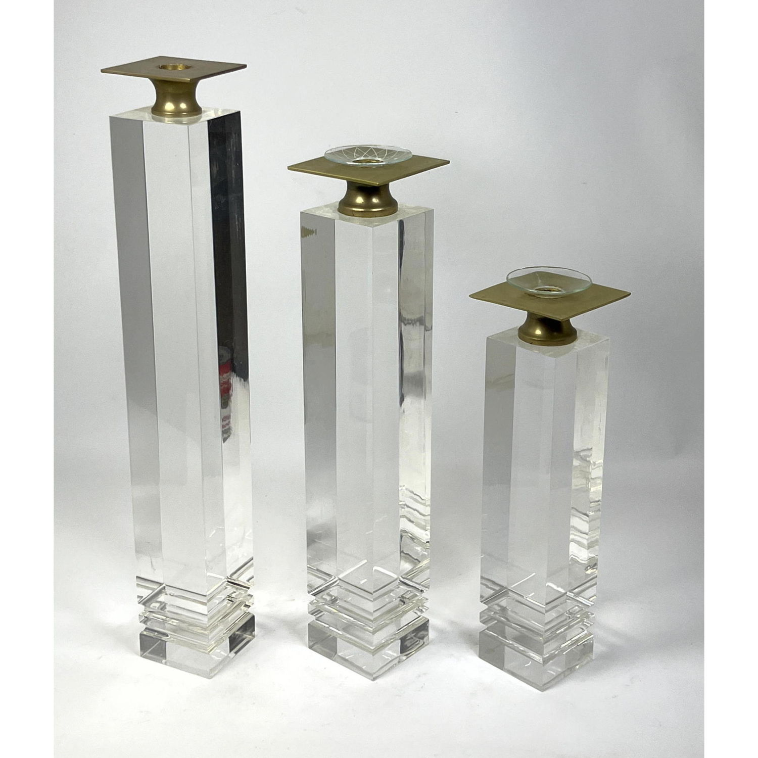 Set 3 Lucite Square Column Candlesticks Brass Tops Dimensions H