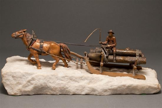 Continental cold painted bronze figural group of horse drawn logger