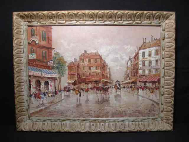 Framed oil on canvas street scene painting Carved wood distressed