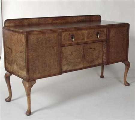 A Queen Anne style burr walnut inverted breakfront sideboard the