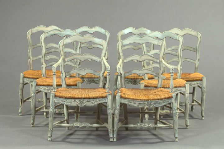 Suite of Eight French Provincial Polychromed Ladderback Dining Chairs consisting