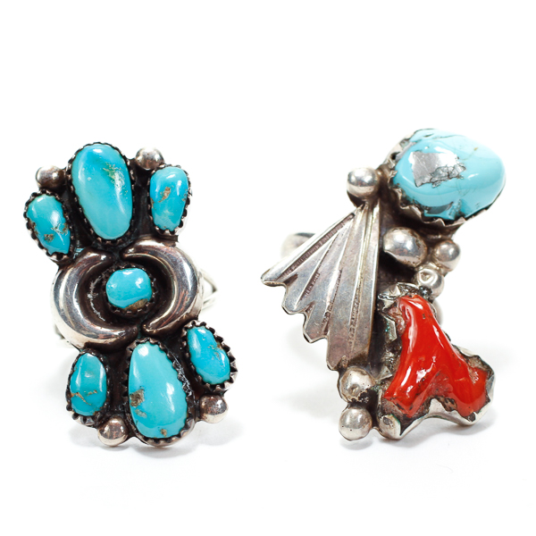 Two vintage Native American Indian sterling silver rings with turquoise