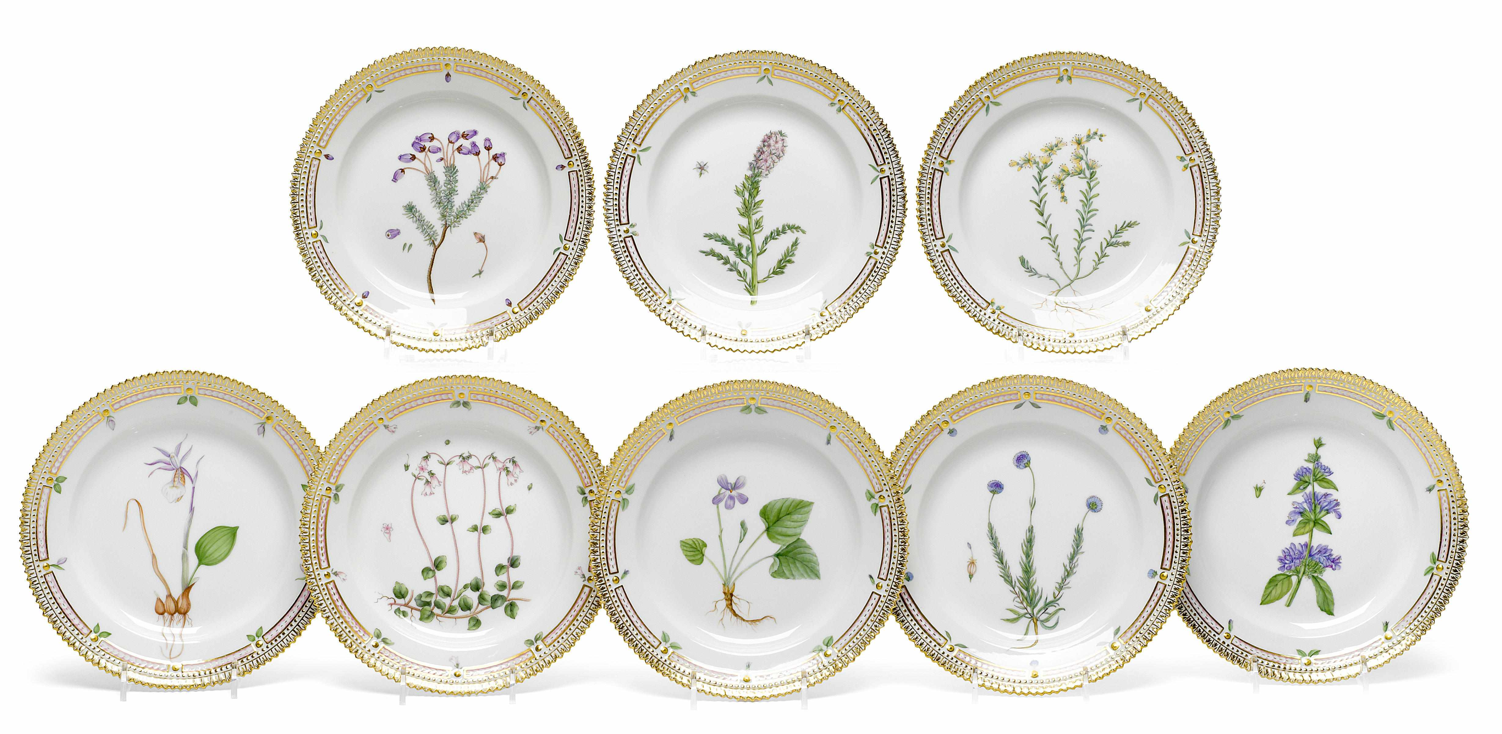 A set of eight Royal Copenhagen porcelain Flora Danica dessert