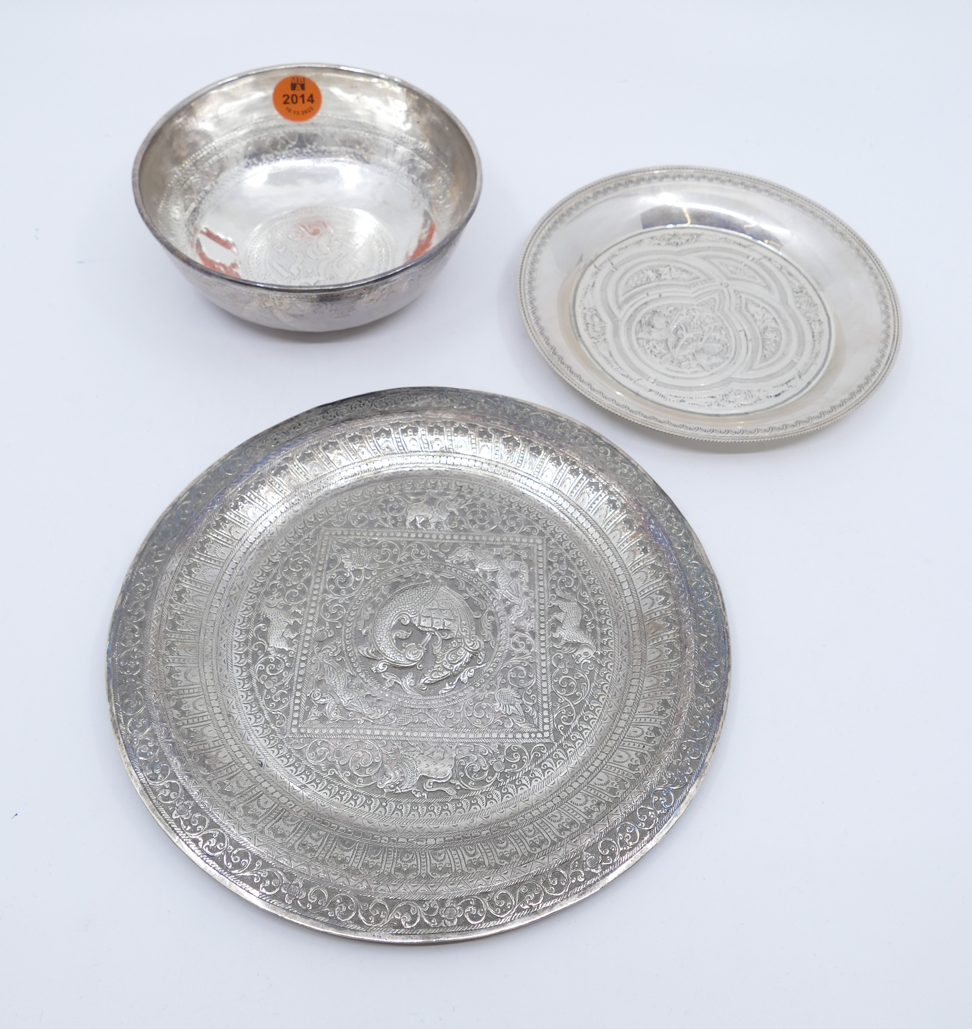 3pc Persian Egyptian Silver Plates and Bowl 338g TW Plates