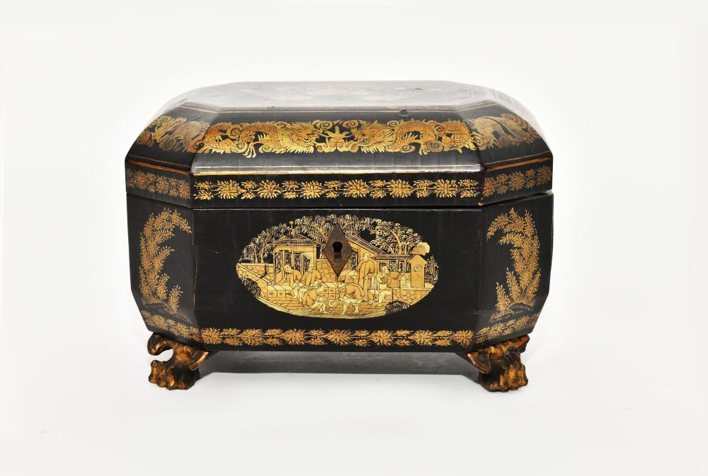 CHINESE EXPORT GILT BLACK LACQUER TEA CADDYEarly 19th Century The