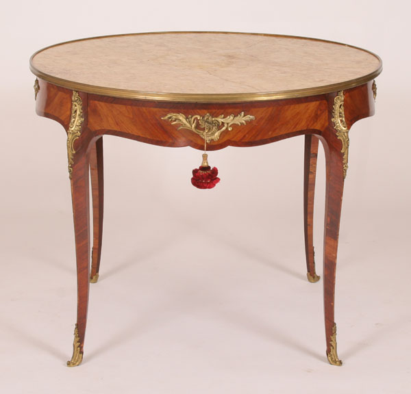 French style parquetry parlor table ormolu mounts adorned saber legs
