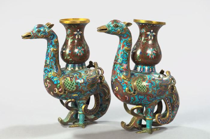 Pair of Kuang Hsu Polychromed Blue Ground Cloisonne Vases first