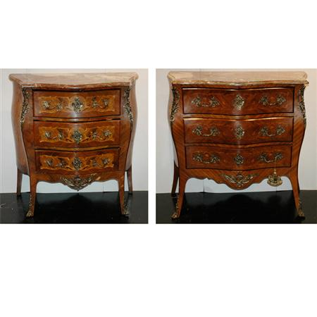 Two Louis XV Style Metal Mounted Parquetry Inlaid Mahogany Commodes