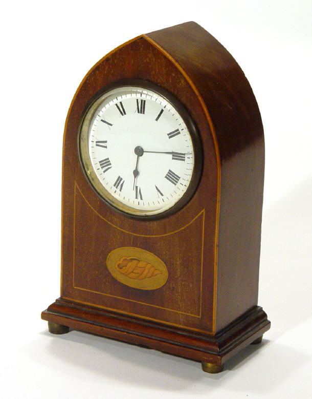 Edwardian inlaid mahogany Gothic arch shaped mantel clock with enamel
