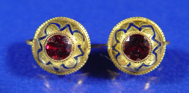 Pair of Victorian gold blue enamel and amethyst earrings