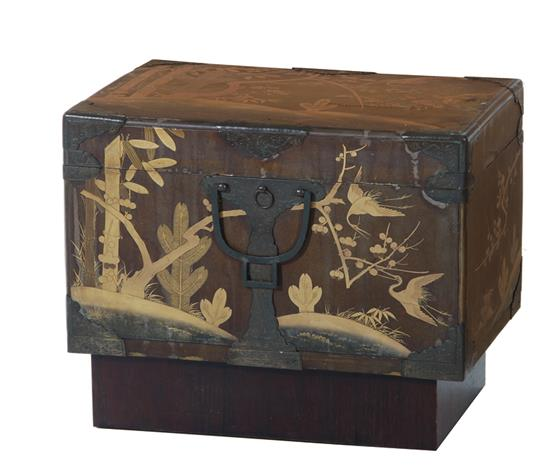 Japanese gold lacquered and brass bound box on stand Meiji
