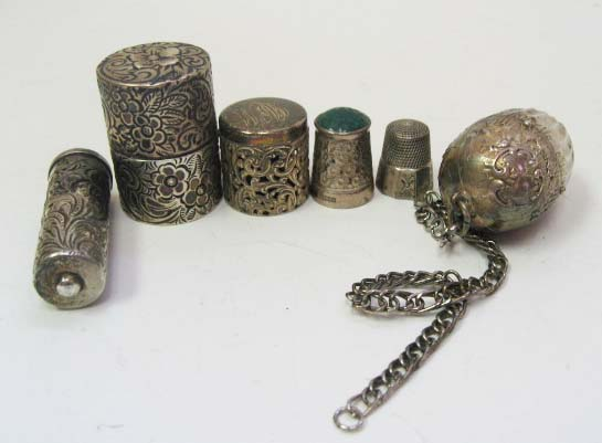 A Group of Sterling Sewing Items two thimbles one with