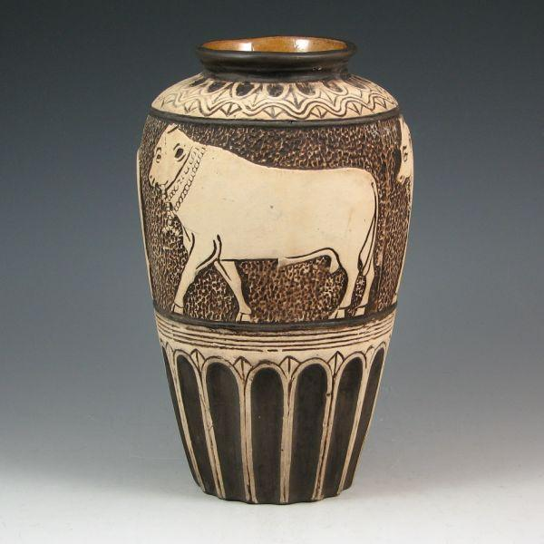 Weller Burntwood vase with Egyptians motif of plowing oxen Mint