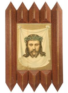 FOLK ART FRAME WITH CHROMOLITHOGRAPH Early 20th c Tramp Art