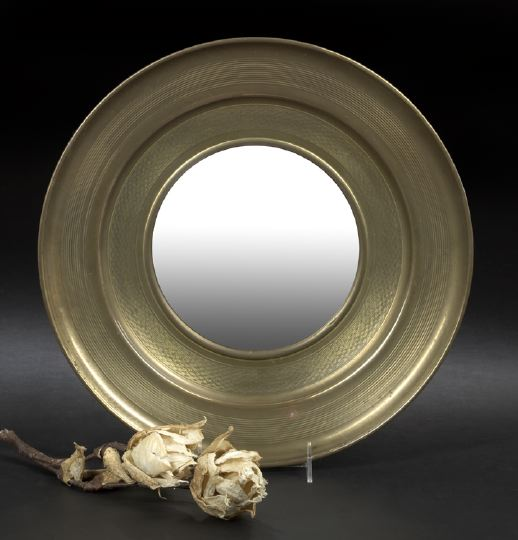 French Engine Turned Brass Circular Convex Looking Glass first quarter