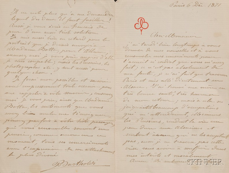 Bartholdi Frederic A 1834 1904 Autograph letter signed Paris December