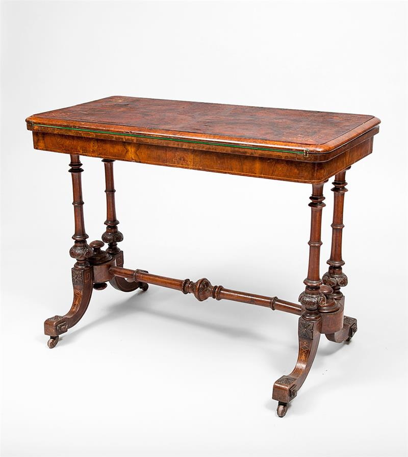 Victorian Inlaid Walnut Swivel Fold Top Games Table With green