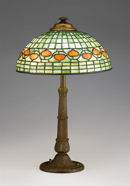 Leaded glass and patinated metal table lamp shade attributed to