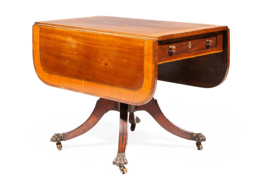 SATINWOOD INLAID MAHOGANY PEDESTAL TABLEGeorge III Satinwood Inlaid Mahogany Drop