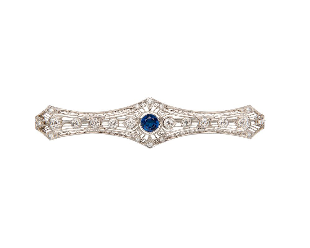 Platinum Synthetic Sapphire and Diamond Bar Brooch Platinum Synthetic Sapphire
