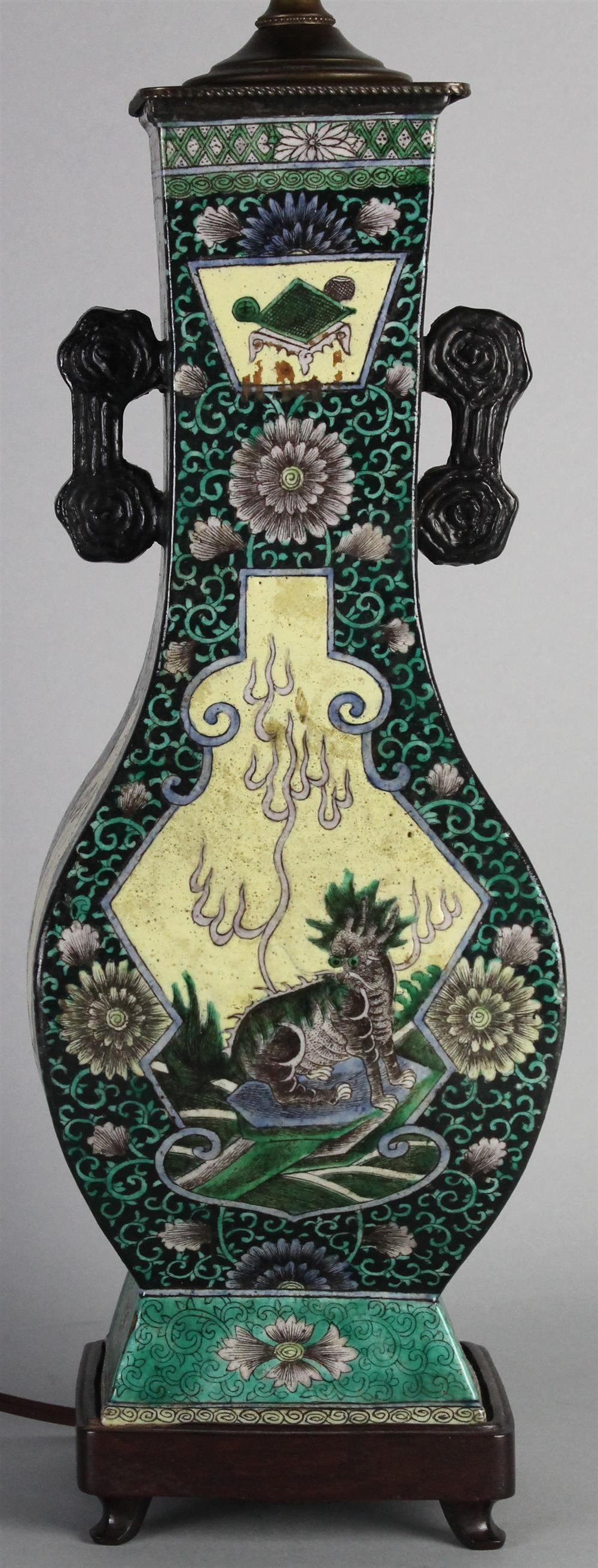 CHINESE FAMILLE NOIRE BALUSTER VASE MOUNTED AS A LAMP THE