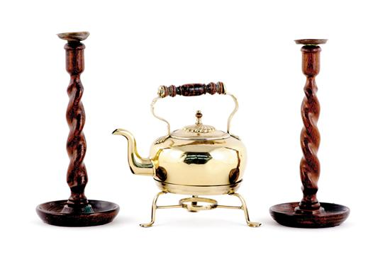 English teapot and candlesticks brass Georgian style teapot on stand